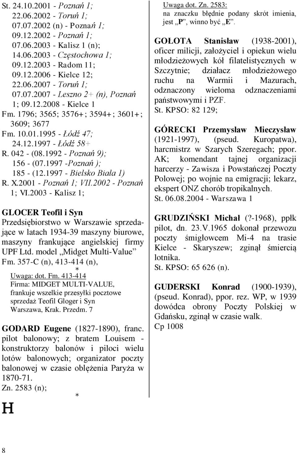 1992 - Poznań 9); 156 - (07.1997 -Poznań ); 185 - (12.1997 - Bielsko Biała 1) R. X.2001 - Poznań 1; VII.2002 - Poznań 1; VI.