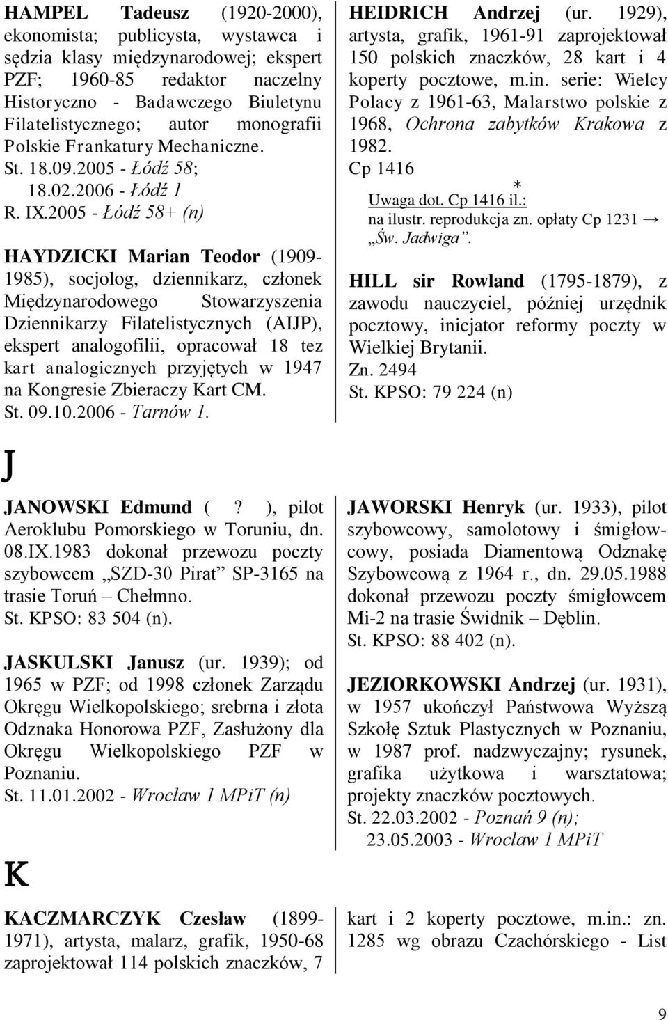 2005 - Łódź 58+ (n) HAYDZICKI Marian Teodor (1909-1985), socjolog, dziennikarz, członek Międzynarodowego Stowarzyszenia Dziennikarzy Filatelistycznych (AIJP), ekspert analogofilii, opracował 18 tez