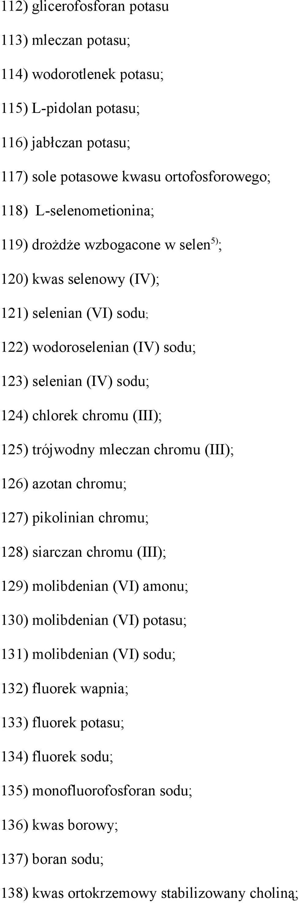 chromu (III); 125) trójwodny mleczan chromu (III); 126) azotan chromu; 127) pikolinian chromu; 128) siarczan chromu (III); 129) molibdenian (VI) amonu; 130) molibdenian (VI)