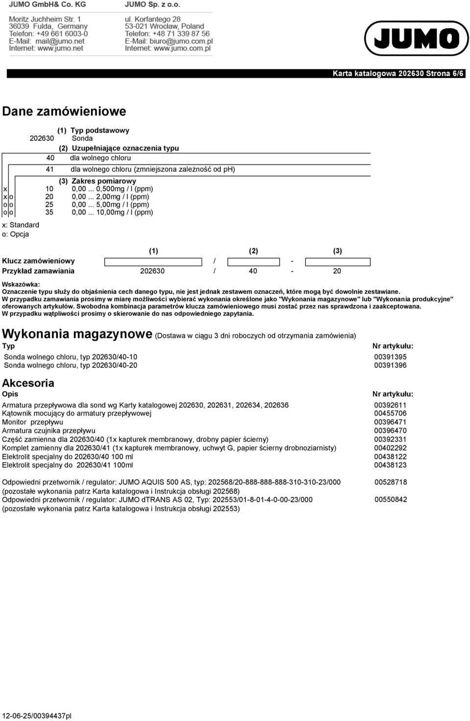 .. 10,00mg / l (ppm) x: Standard o: Opcja (1) (2) (3) Klucz zamówieniowy / - Przykład zamawiania 202630 / 40-20 Wskazówka: Oznaczenie typu służy do objaśnienia cech danego typu, nie jest jednak