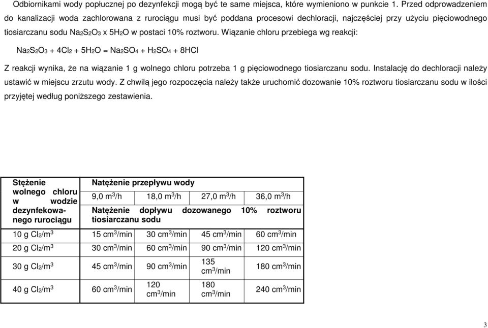 Wiązanie chloru przebiega wg reakcji: Na2S2O3 + 4Cl2 + 5H2O = Na2SO4 + H2SO4 + 8HCl Z reakcji wynika, że na wiązanie 1 g wolnego chloru potrzeba 1 g pięciowodnego tiosiarczanu sodu.