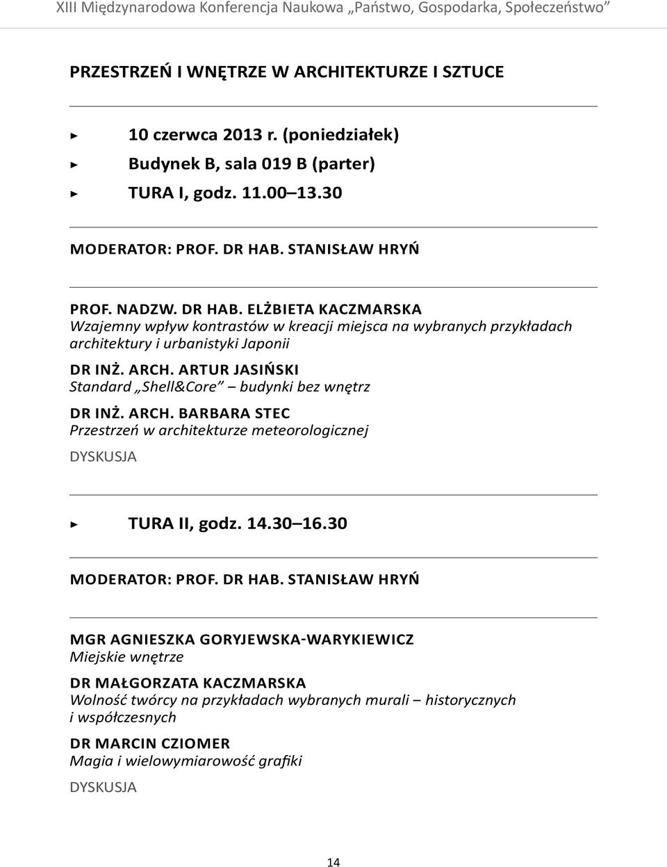 arch. Barbara Stec Przestrzeń w architekturze meteorologicznej TURA II, godz. 14.30 16.30 Moderator: prof. dr hab.