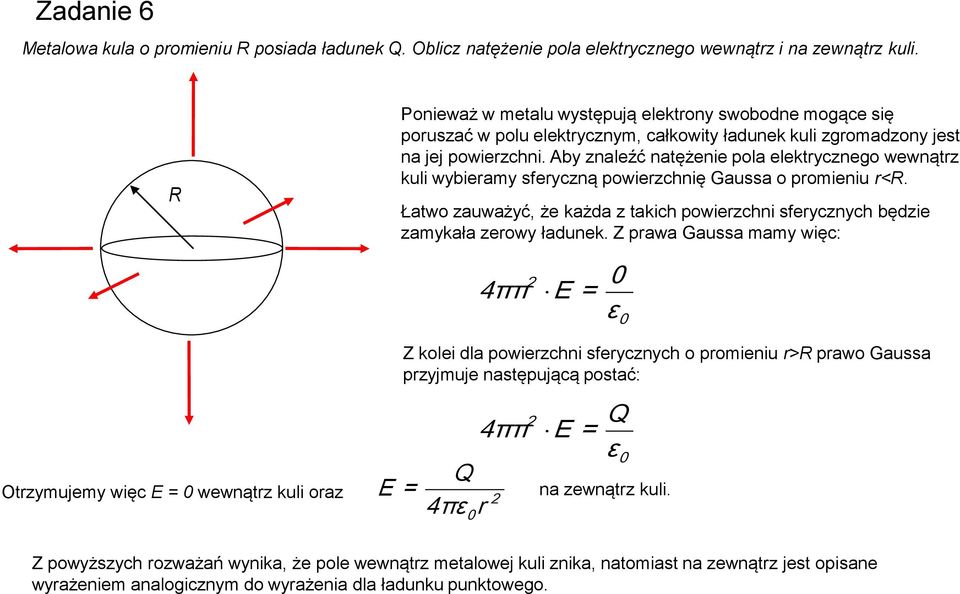 Aby znaleźć natężenie pola elektrycznego wewnątrz kuli wybieramy sferyczną powierzchnię Gaussa o promieniu r<r.