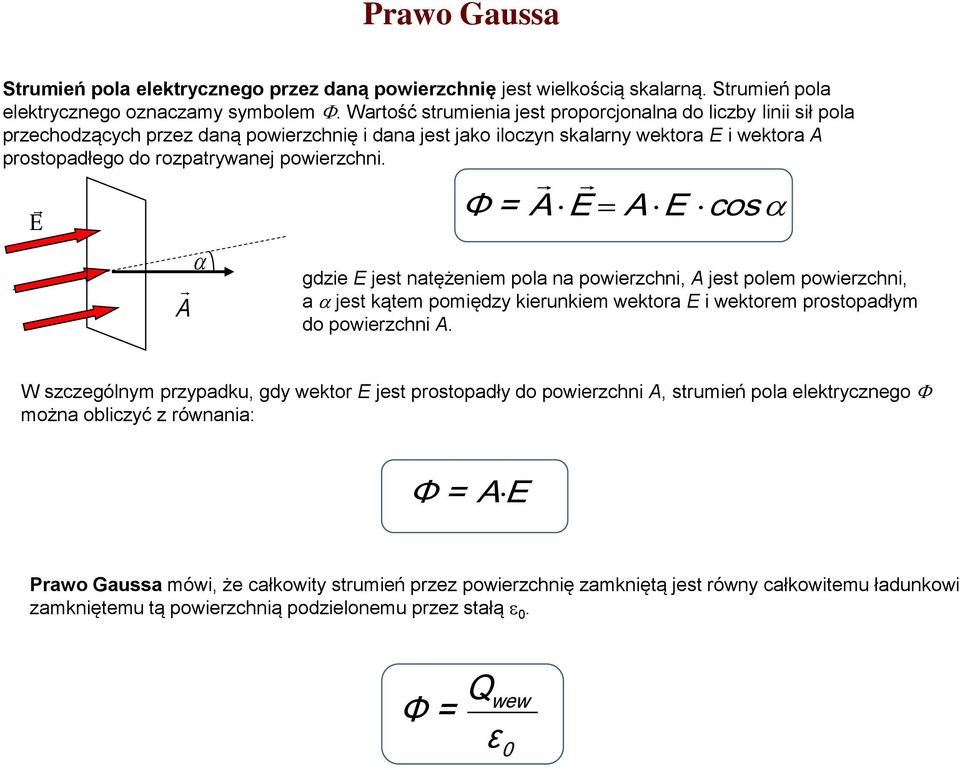 powierzchni. E A Φ A E A E cos gdzie E jest natężeniem pola na powierzchni, A jest polem powierzchni, a jest kątem pomiędzy kierunkiem wektora E i wektorem prostopadłym do powierzchni A.