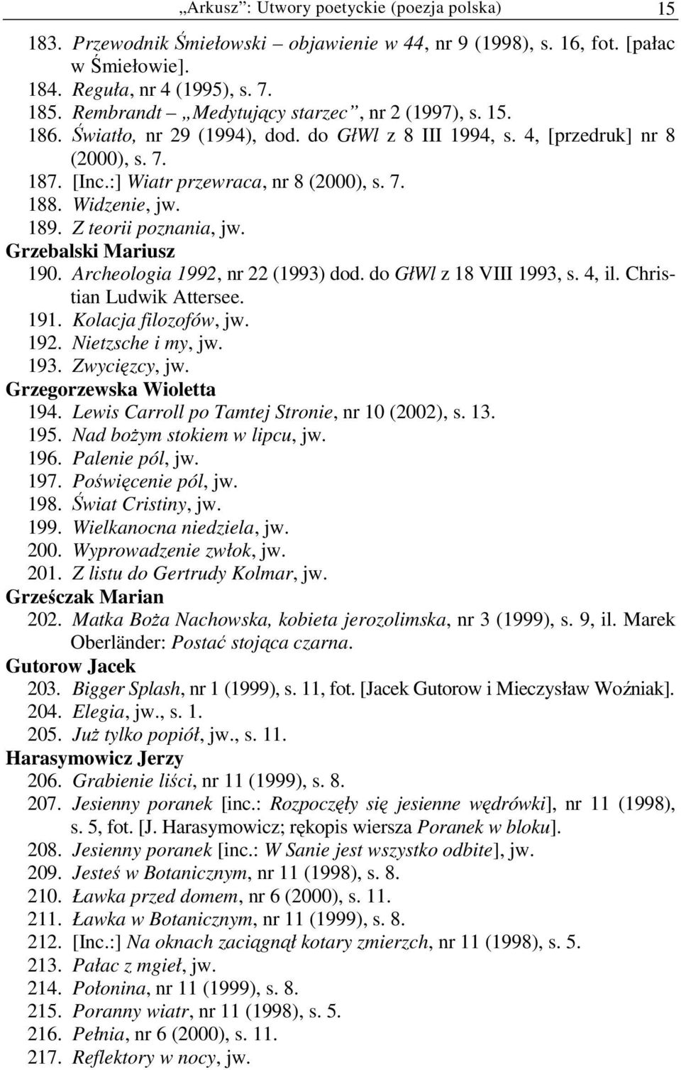 Widzenie, jw. 189. Z teorii poznania, jw. Grzebalski Mariusz 190. Archeologia 1992, nr 22 (1993) dod. do GłWl z 18 VIII 1993, s. 4, il. Christian Ludwik Attersee. 191. Kolacja filozofów, jw. 192.