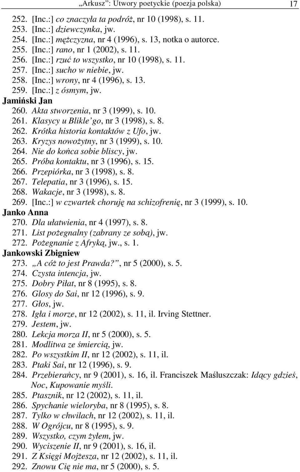 Jamiński Jan 260. Akta stworzenia, nr 3 (1999), s. 10. 261. Klasycy u Blikle go, nr 3 (1998), s. 8. 262. Krótka historia kontaktów z Ufo, jw. 263. Kryzys nowoŝytny, nr 3 (1999), s. 10. 264.