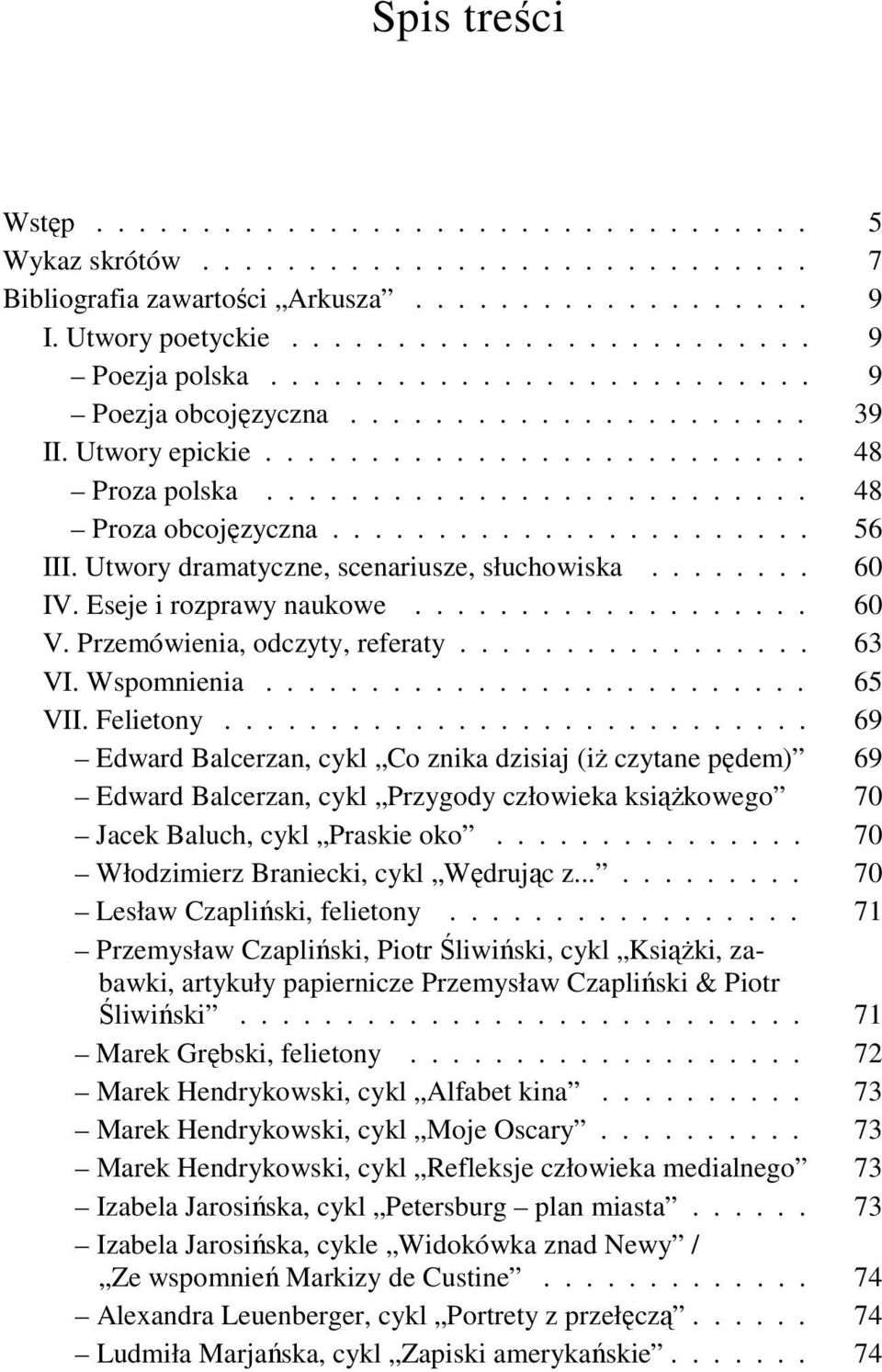 Utwory dramatyczne, scenariusze, słuchowiska........ 60 IV. Eseje i rozprawy naukowe................... 60 V. Przemówienia, odczyty, referaty................. 63 VI. Wspomnienia.......................... 65 VII.