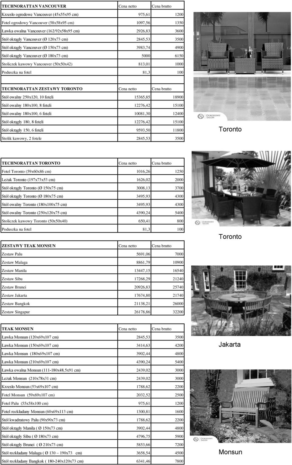 1000 Poduszka na fotel 81,3 100 TECHNORATTAN ZESTAWY TORONTO Cena netto Cena brutto Stół owalny 250x120, 10 foteli 15365,85 18900 Stół owalny 180x100, 8 foteli 12276,42 15100 Stół owalny 180x100, 6