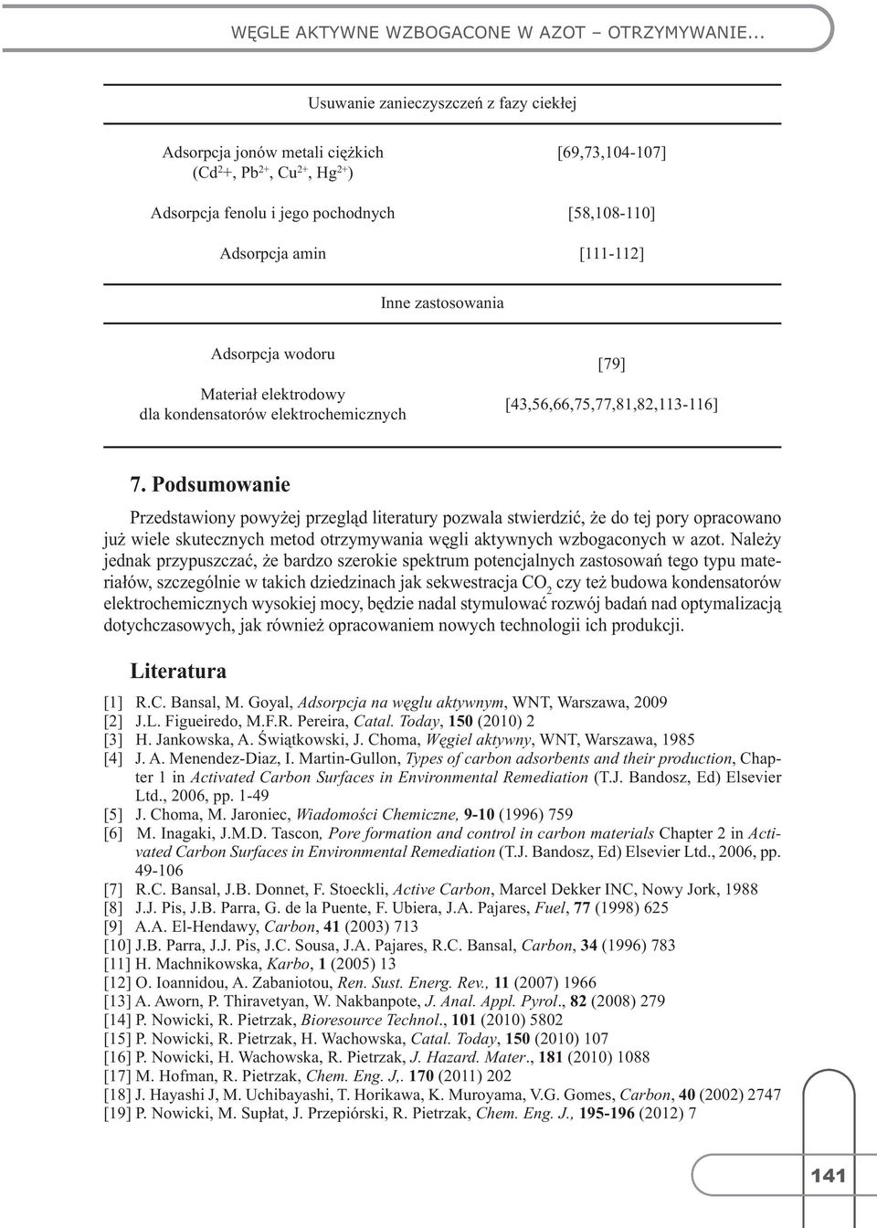 zastosowania Adsorpcja wodoru Materiał elektrodowy dla kondensatorów elektrochemicznych [79] [43,56,66,75,77,81,82,113-116] 7.