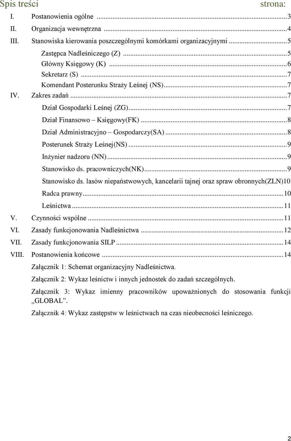 .. 8 Dział Administracyjno Gospodarczy(SA)... 8 Posterunek Straży Leśnej(NS)... 9 Inżynier nadzoru (NN)... 9 Stanowisko ds.