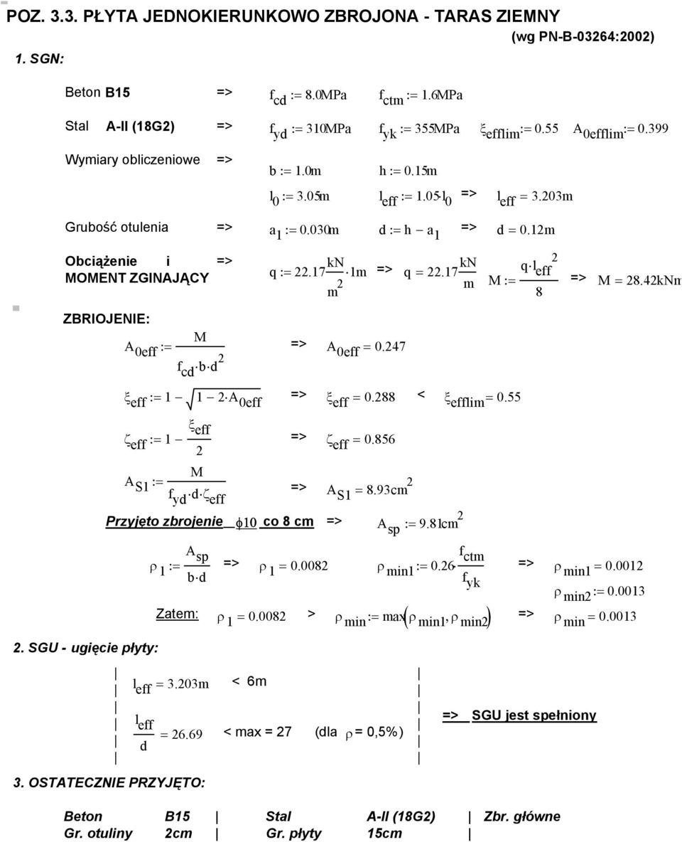 17 kn m 1m q =.17 kn m M := ql eff 8 M = 8.4kNm ZBRIOJENIE: M A 0eff := A 0eff = 0.47 f cd b d. SGU - ugięcie płyty: A sp f ctm ρ ρ min1 := 0.6 1 := ρ ρ f min1 = 0.001 bd 1 = 0.008 yk ρ min := 0.