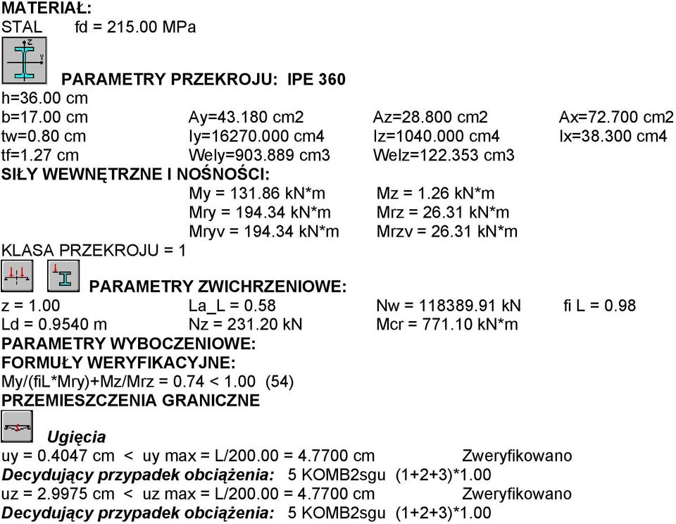 31 kn*m KLASA PRZEKROJU = 1 PARAMETRY ZWICHRZENIOWE: z = 1.00 La_L = 0.58 Nw = 118389.91 kn fi L = 0.98 Ld = 0.9540 m Nz = 31.0 kn Mcr = 771.