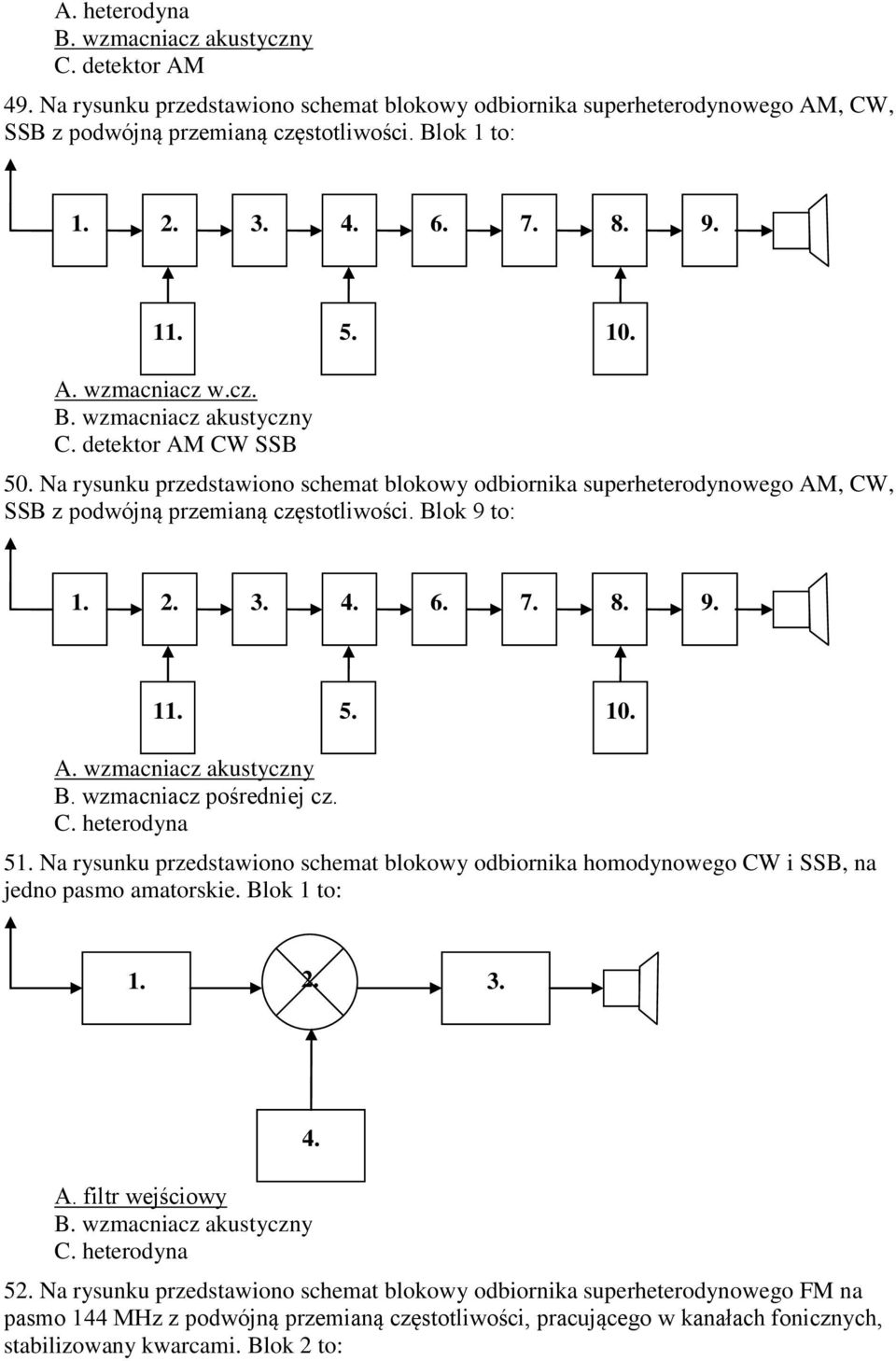 Na rysunku przedstawiono schemat blokowy odbiornika superheterodynowego AM, CW, SSB z podwójną przemianą częstotliwości. Blok 9 to: 1. 2. 3. 4. 6. 7. 8. 9. 11. 5. 10. A. wzmacniacz akustyczny B.