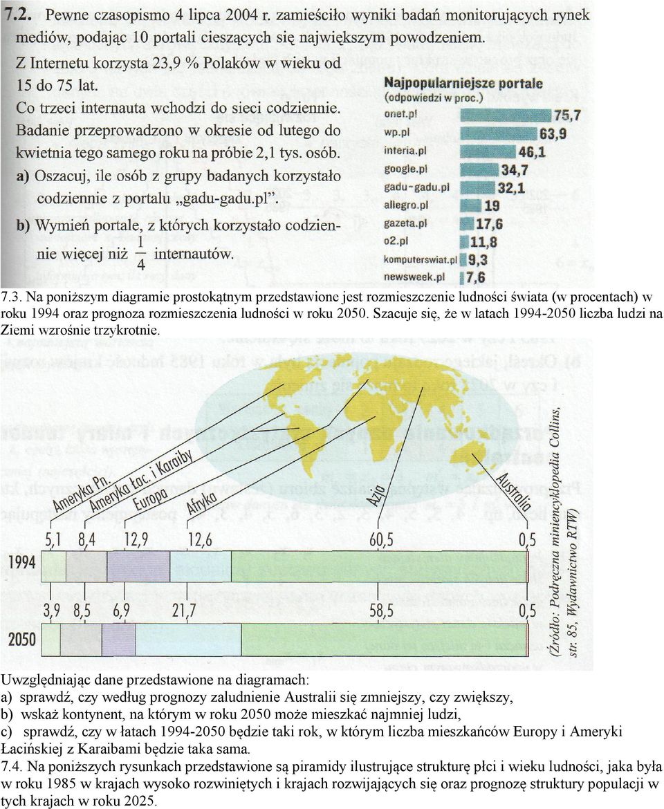 Uwzględniając dane przedstawione na diagramach: a) sprawdź, czy według prognozy zaludnienie Australii się zmniejszy, czy zwiększy, b) wskaż kontynent, na którym w roku 2050 może mieszkać najmniej