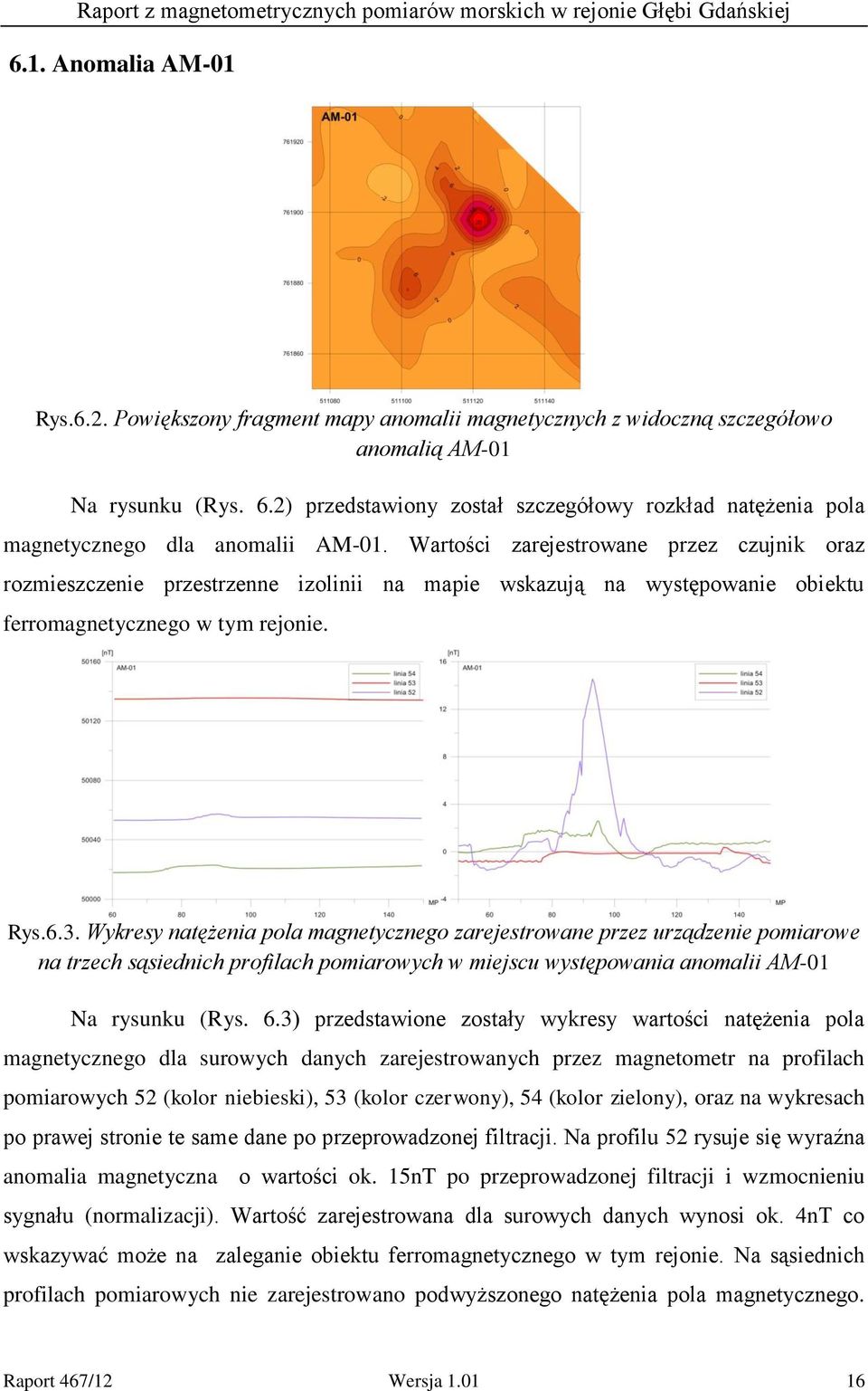 Wartości zarejestrowane przez czujnik oraz rozmieszczenie przestrzenne izolinii na mapie wskazują na występowanie obiektu ferromagnetycznego w tym rejonie. Rys.6.3.