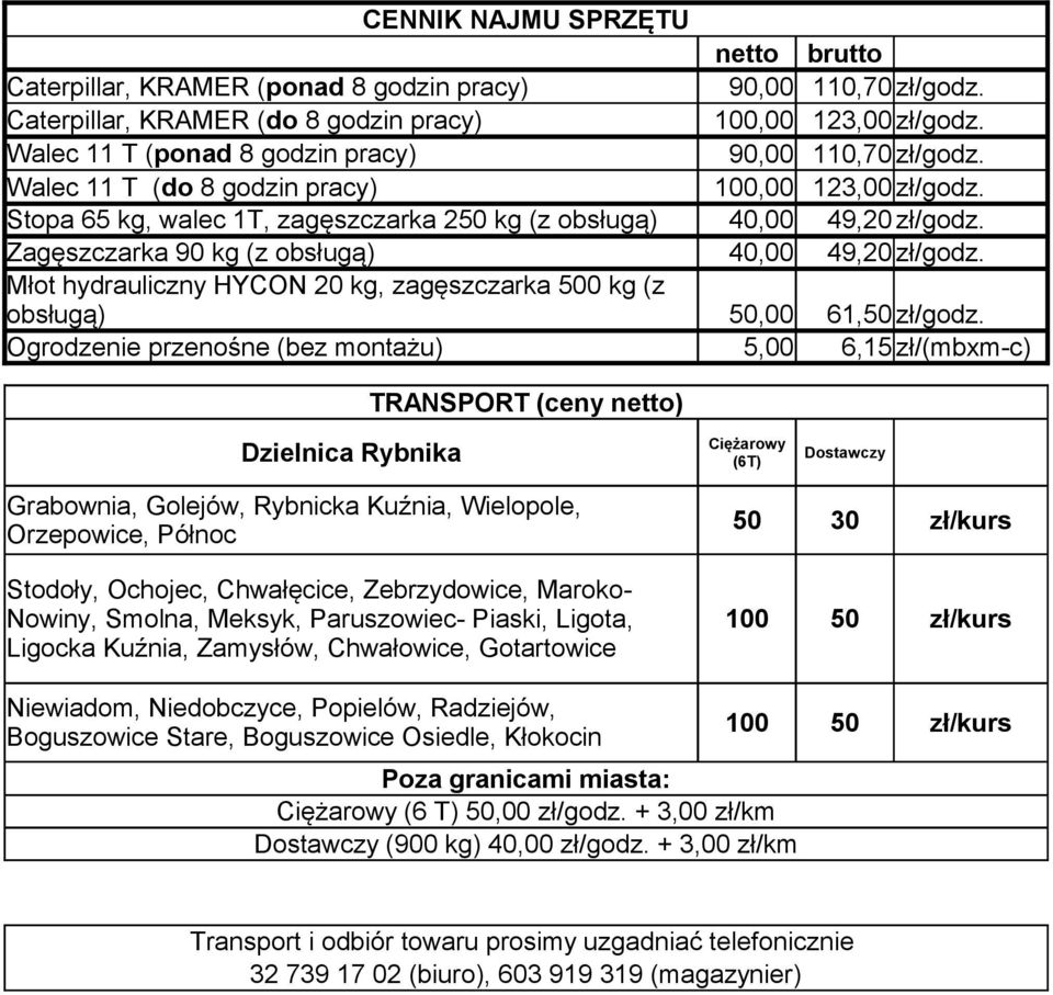 Zagęszczarka 90 kg (z obsługą) 40,00 49,20 zł/godz. Młot hydrauliczny HYCON 20 kg, zagęszczarka 500 kg (z obsługą) 50,00 61,50 zł/godz.