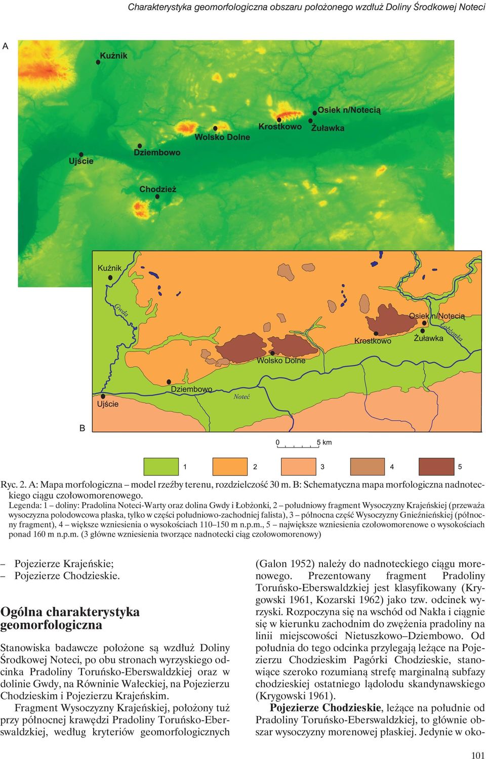 Legenda: 1 doliny: Pradolina Noteci-Warty oraz dolina Gwdy i Łobżonki, 2 południowy fragment Wysoczyzny Krajeńskiej (przeważa wysoczyzna polodowcowa płaska, tylko w części południowo-zachodniej