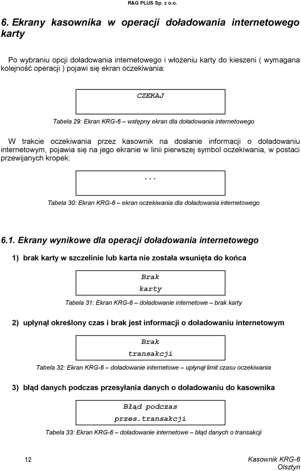 pierwszej symbol oczekiwania, w postaci przewijanych kropek:... Tabela 30: Ekran KRG-6 ekran oczekiwania dla doładowania internetowego 6.1.