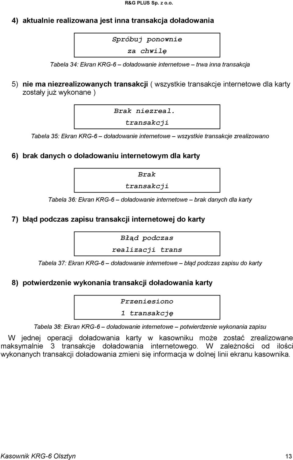 transakcji Tabela 35: Ekran KRG-6 doładowanie internetowe wszystkie transakcje zrealizowano 6) brak danych o doładowaniu internetowym dla karty Brak transakcji Tabela 36: Ekran KRG-6 doładowanie