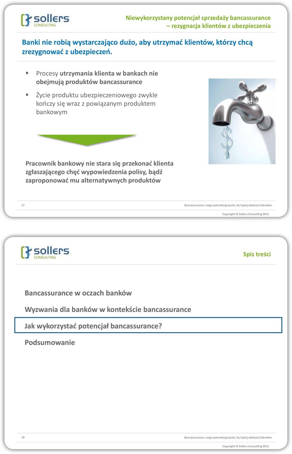 przekonad klienta zgłaszającego chęd wypowiedzenia polisy, bądź zaproponowad mu alternatywnych produktów 17 Bancassurance: czego potrzebują banki, by lepiej obsłużyd klientów.