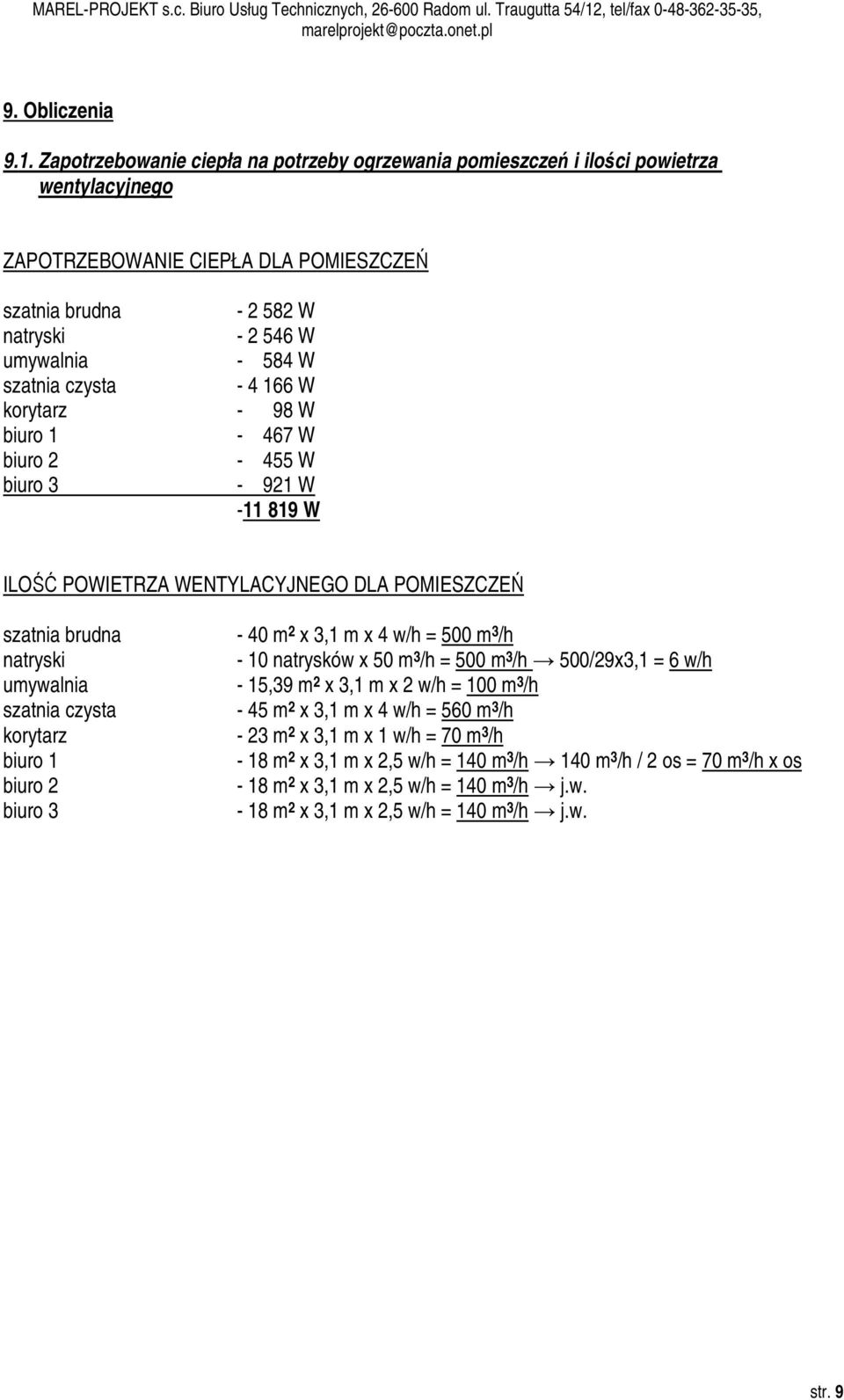 szatnia czysta - 4 166 W korytarz - 98 W biuro 1-467 W biuro 2-455 W biuro 3-921 W -11 819 W ILOŚĆ POWIETRZA WENTYLACYJNEGO DLA POMIESZCZEŃ szatnia brudna - 40 m 2 x 3,1 m x 4 w/h = 500 m 3 /h
