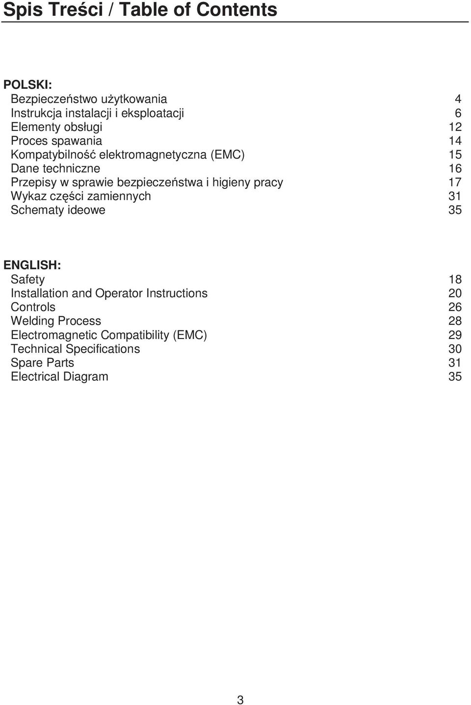 pracy 17 Wykaz cz ci zamiennych 31 Schematy ideowe 35 ENGLISH: Safety 18 Installation and Operator Instructions 20 Controls