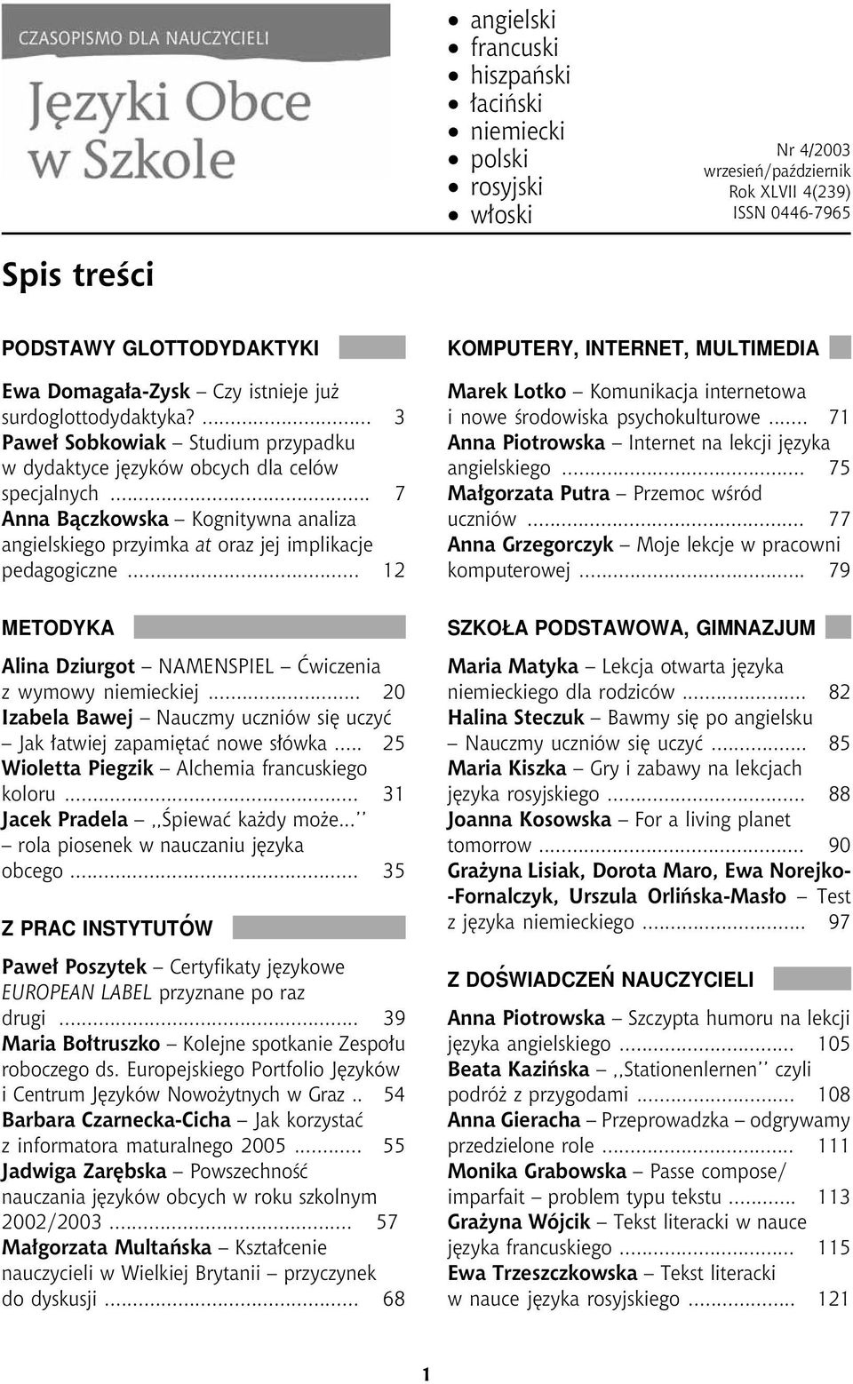 .. 7 Anna Bączkowska Kognitywna analiza angielskiego przyimka at oraz jej implikacje pedagogiczne... 12 METODYKA Alina Dziurgot NAMENSPIEL Æwiczenia z wymowy niemieckiej.