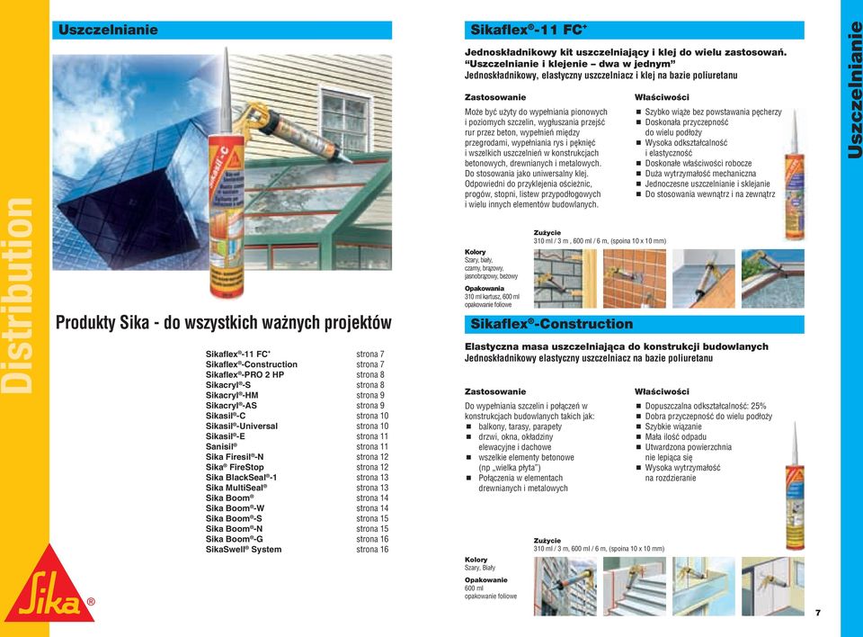 MultiSeal strona 13 Sika Boom strona 14 Sika Boom -W strona 14 Sika Boom -S strona 15 Sika Boom -N strona 15 Sika Boom -G strona 16 SikaSwell System strona 16 Sikaflex -11 FC + Jednoskładnikowy kit