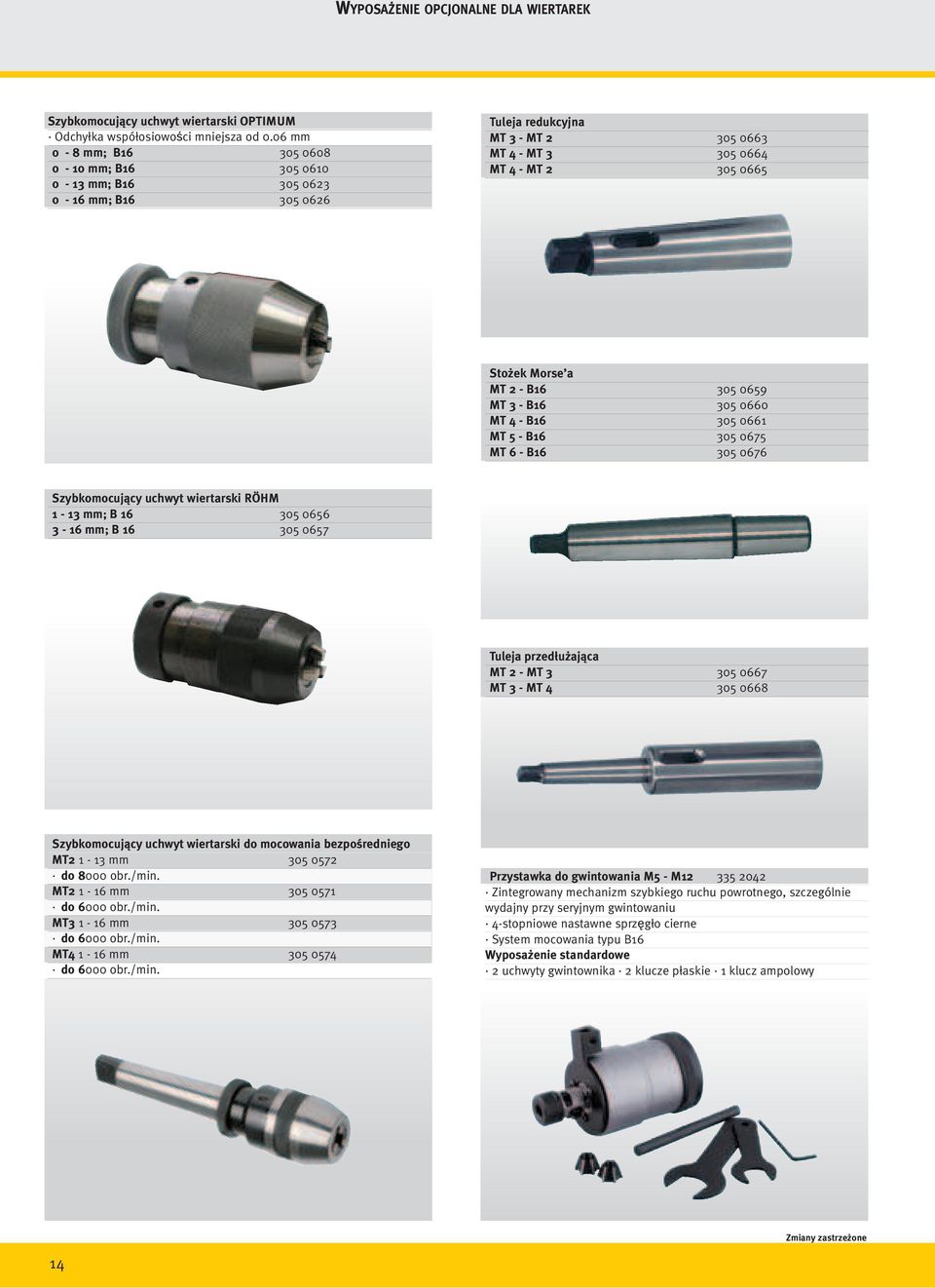 305 0659 MT 3 - B16 305 0660 MT 4 - B16 305 0661 MT 5 - B16 305 0675 MT 6 - B16 305 0676 Szybkomocujący uchwyt wiertarski RÖHM 1-13 mm; B 16 305 0656 3-16 mm; B 16 305 0657 Tuleja przedłużająca MT 2