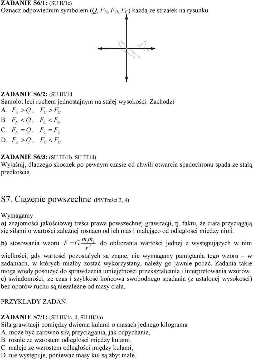 F N > Q, F C < FO ZADANIE S6/3: (SU III/1b, SU III1d) Wyjaśnij, dlaczego skoczek po pewnym czasie od chwili otwarcia spadochronu spada ze stałą prędkością. S7.