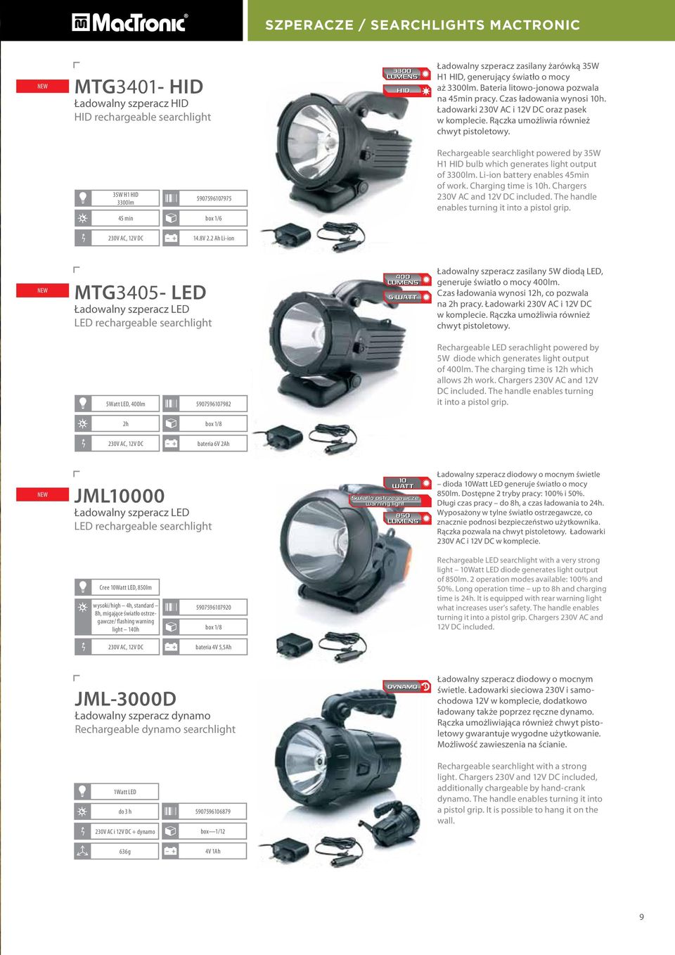 35W H1 HID 3300lm 45 min 5907596107975 box 1/6 Rechargeable searchlight powered by 35W H1 HID bulb which generates light output of 3300lm. Li-ion battery enables 45min of work. Charging time is 10h.