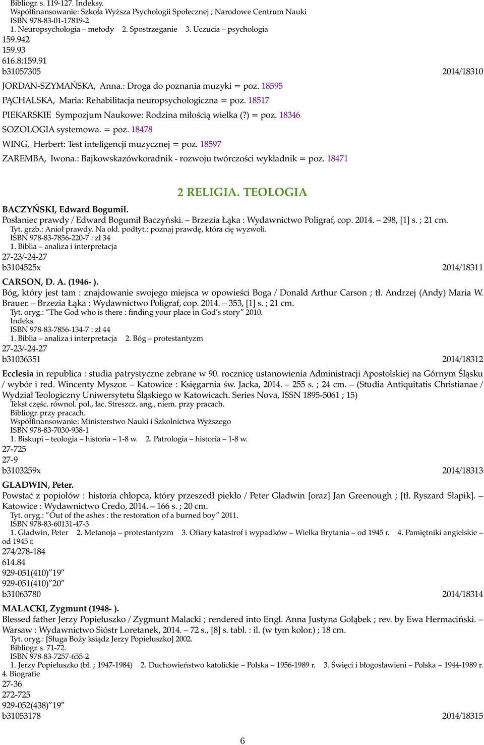 18517 PIEKARSKIE Sympozjum Naukowe: Rodzina miłością wielka (?) = poz. 18346 SOZOLOGIA systemowa. = poz. 18478 WING, Herbert: Test inteligencji muzycznej = poz. 18597 ZAREMBA, Iwona.