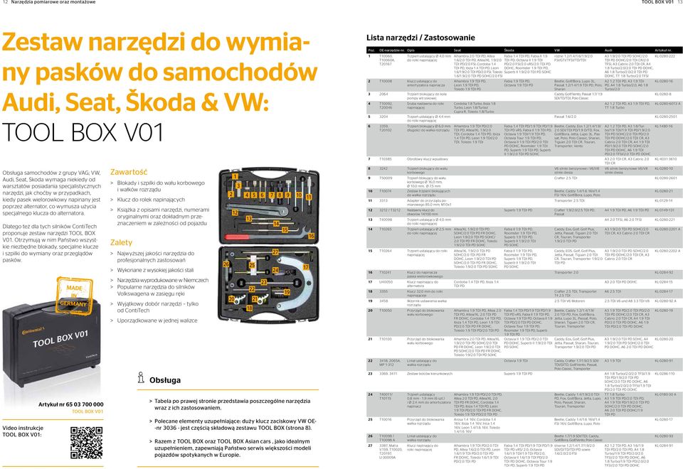 Dlatego też dla tych silników ContiTech proponuje zestaw narzędzi TOOL BOX V01. Otrzymują w nim Państwo wszystkie niezbędne blokady, specjalne klucze i szpilki do wymiany oraz przeglądów pasków.