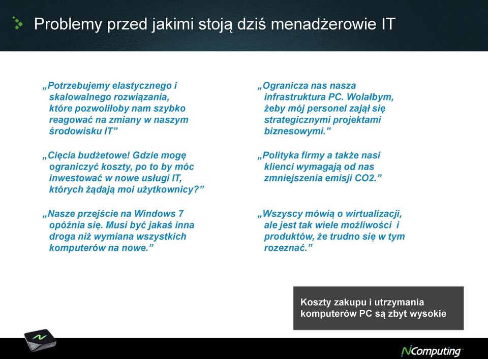 Musi być jakaś inna droga niż wymiana wszystkich komputerów na nowe. Ogranicza nas nasza infrastruktura PC. Wolałbym, żeby mój personel zajął się strategicznymi projektami biznesowymi.