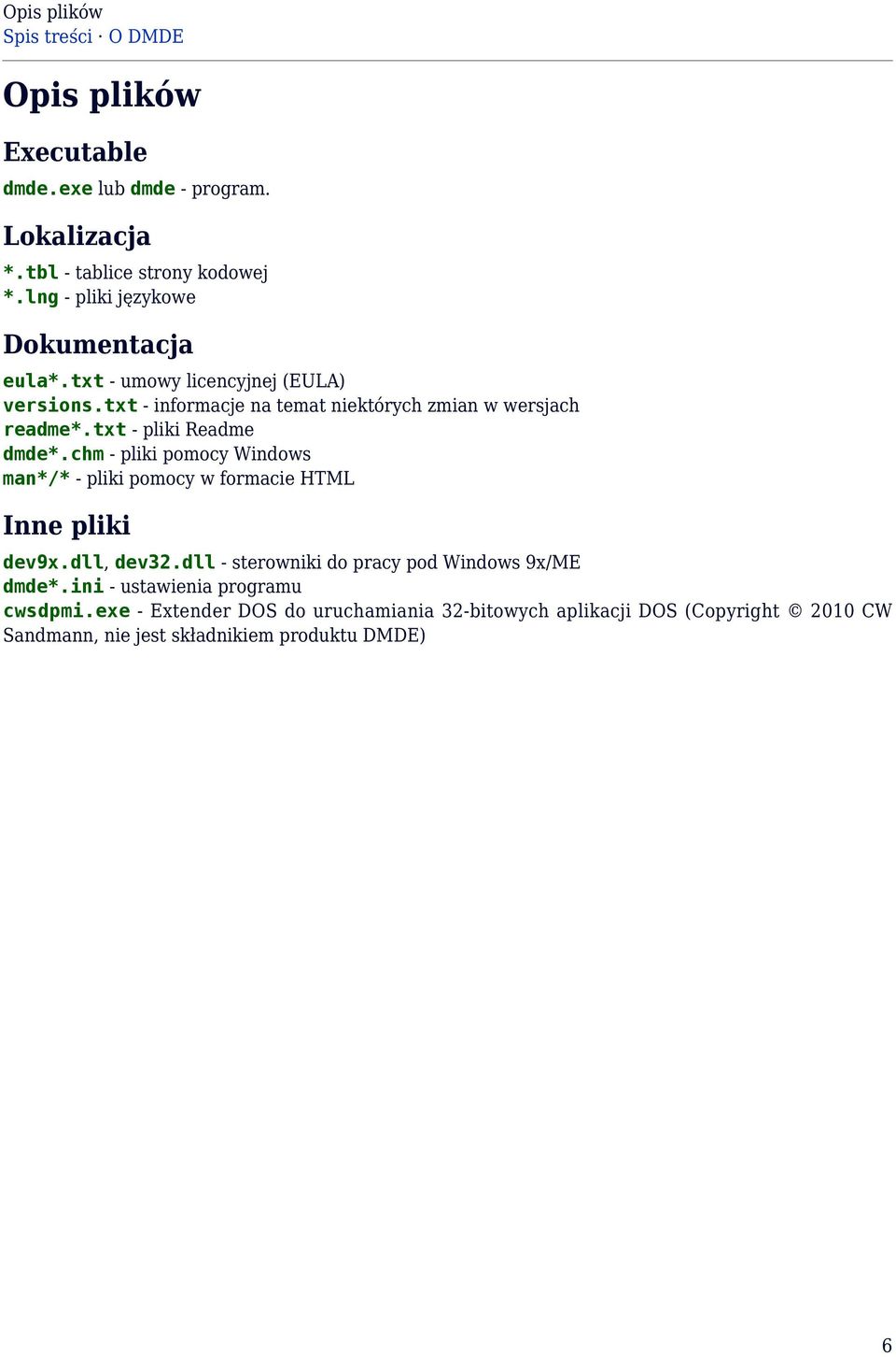 txt - pliki Readme dmde*.chm - pliki pomocy Windows man*/* - pliki pomocy w formacie HTML Inne pliki dev9x.dll, dev32.