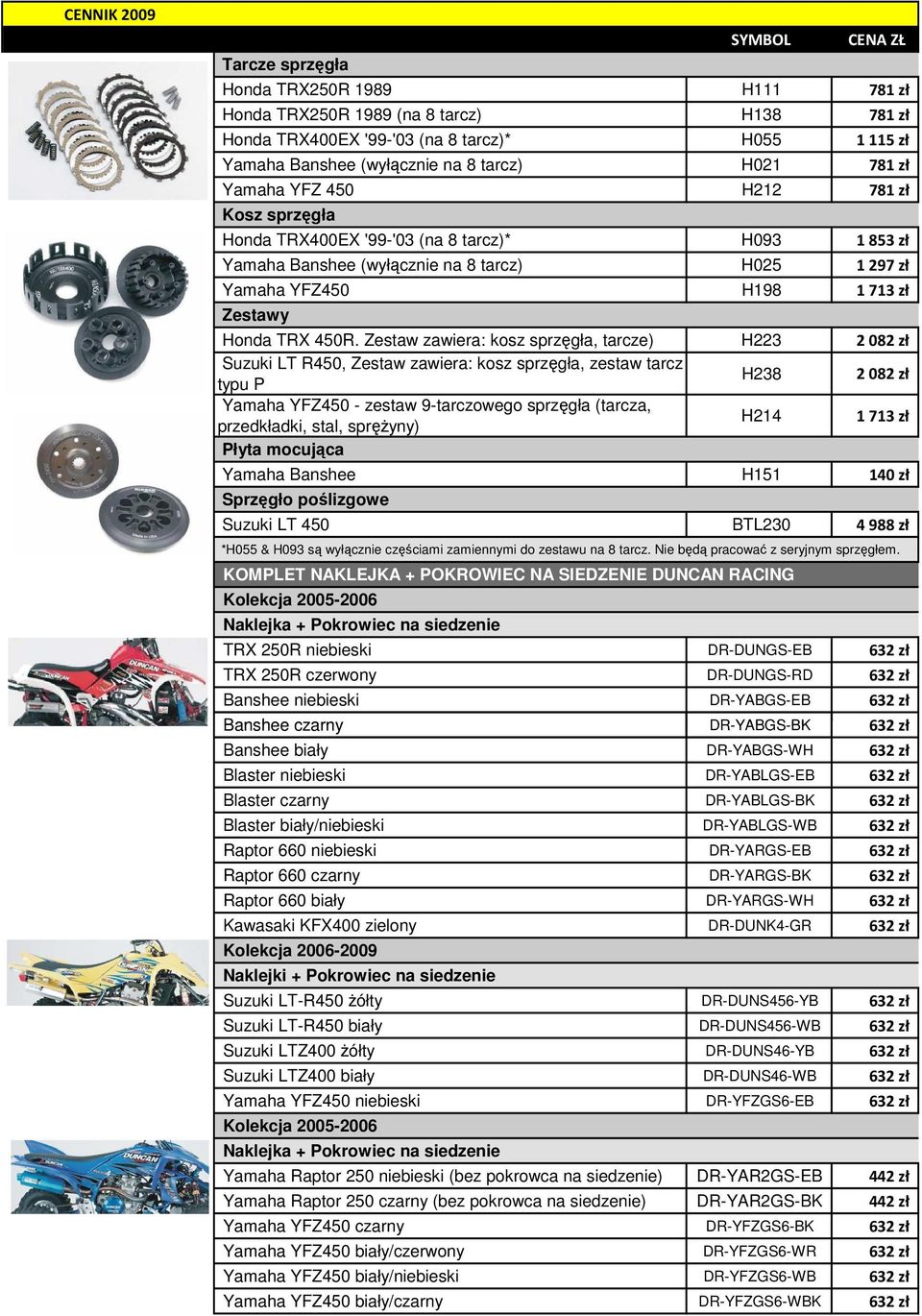 Zestaw zawiera: kosz sprzęgła, tarcze) H223 2082 zł Suzuki LT R450, Zestaw zawiera: kosz sprzęgła, zestaw tarcz typu P H238 2082 zł Yamaha YFZ450 - zestaw 9-tarczowego sprzęgła (tarcza, przedkładki,