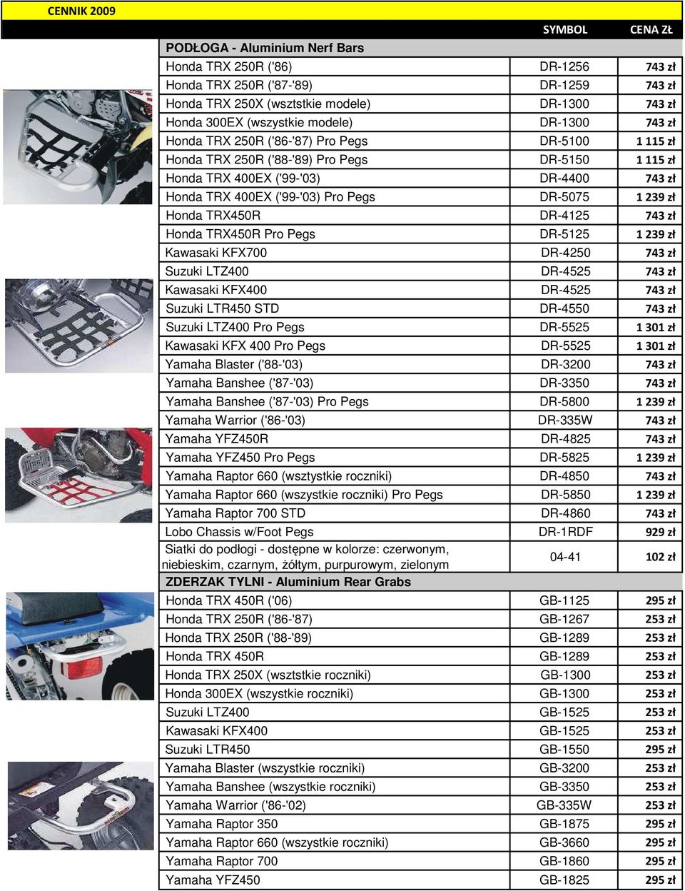 Honda TRX450R DR-4125 743 zł Honda TRX450R Pro Pegs DR-5125 1 239 zł Kawasaki KFX700 DR-4250 743 zł Suzuki LTZ400 DR-4525 743 zł Kawasaki KFX400 DR-4525 743 zł Suzuki LTR450 STD DR-4550 743 zł Suzuki