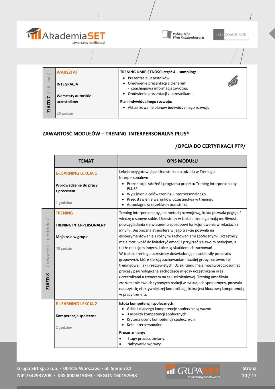 ZAWARTOSĆ MODUŁÓW TRENING INTERPERSONALNY PLUS /OPCJA DO CERTYFIKACJI PTP/ TEMAT E-LEARNING LEKCJA 1 Wprowadzenie do pracy z procesem TRENING TRENING INTERPERSONALNY Moja rola w grupie 40 godzin