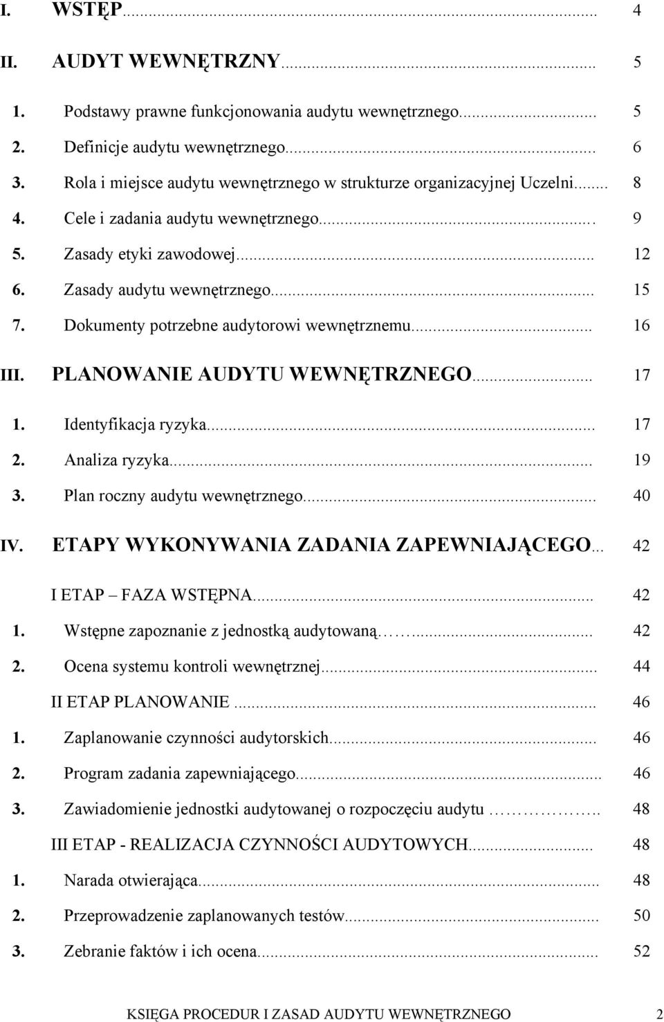 Dokumenty potrzebne audytorowi wewnętrznemu... 16 III. PLANOWANIE AUDYTU WEWNĘTRZNEGO... 17 1. Identyfikacja ryzyka... 17 2. Analiza ryzyka... 19 3. Plan roczny audytu wewnętrznego... 40 IV.