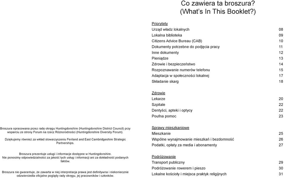Rozpoznawanie numerów telefonu 15 Adaptacja w społeczności lokalnej 17 Składanie skarg 18 Zdrowie Lekarze 20 Szpitale 22 Dentyści, apteki i optycy 22 Poufna pomoc 23 Broszura opracowana przez radę