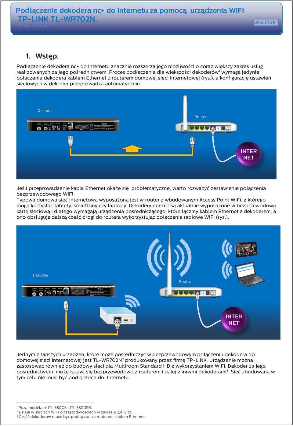 Proces podłączenia dla większości dekoderów 1 wymaga jedynie połączenia dekodera kablem Ethernet z routerem domowej sieci internetowej (rys.
