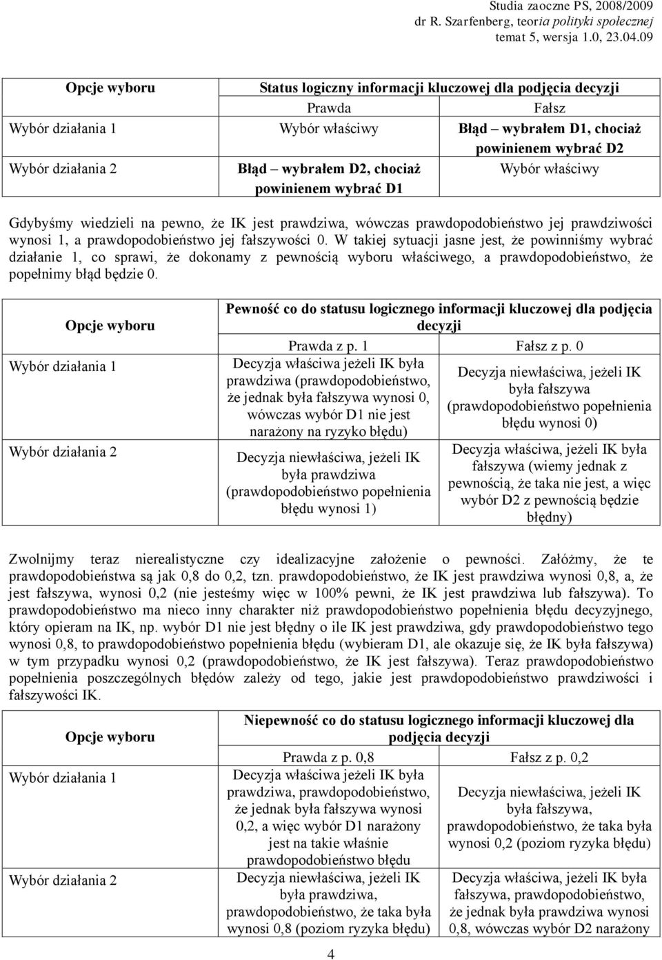 W takiej sytuacji jasne jest, że powinniśmy wybrać działanie 1, co sprawi, że dokonamy z pewnością wyboru właściwego, a prawdopodobieństwo, że popełnimy błąd będzie 0.