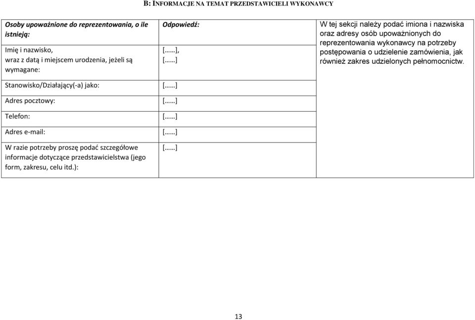 informacje dotyczące przedstawicielstwa (jego form, zakresu, celu itd.