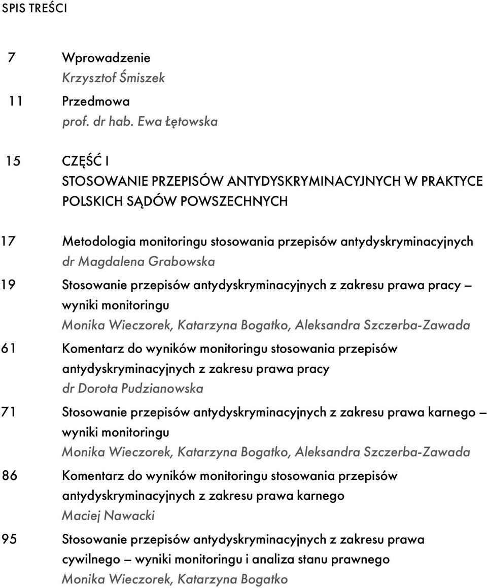 19 Stosowanie przepisów antydyskryminacyjnych z zakresu prawa pracy wyniki monitoringu Monika Wieczorek, Katarzyna Bogatko, Aleksandra Szczerba-Zawada 61 Komentarz do wyników monitoringu stosowania