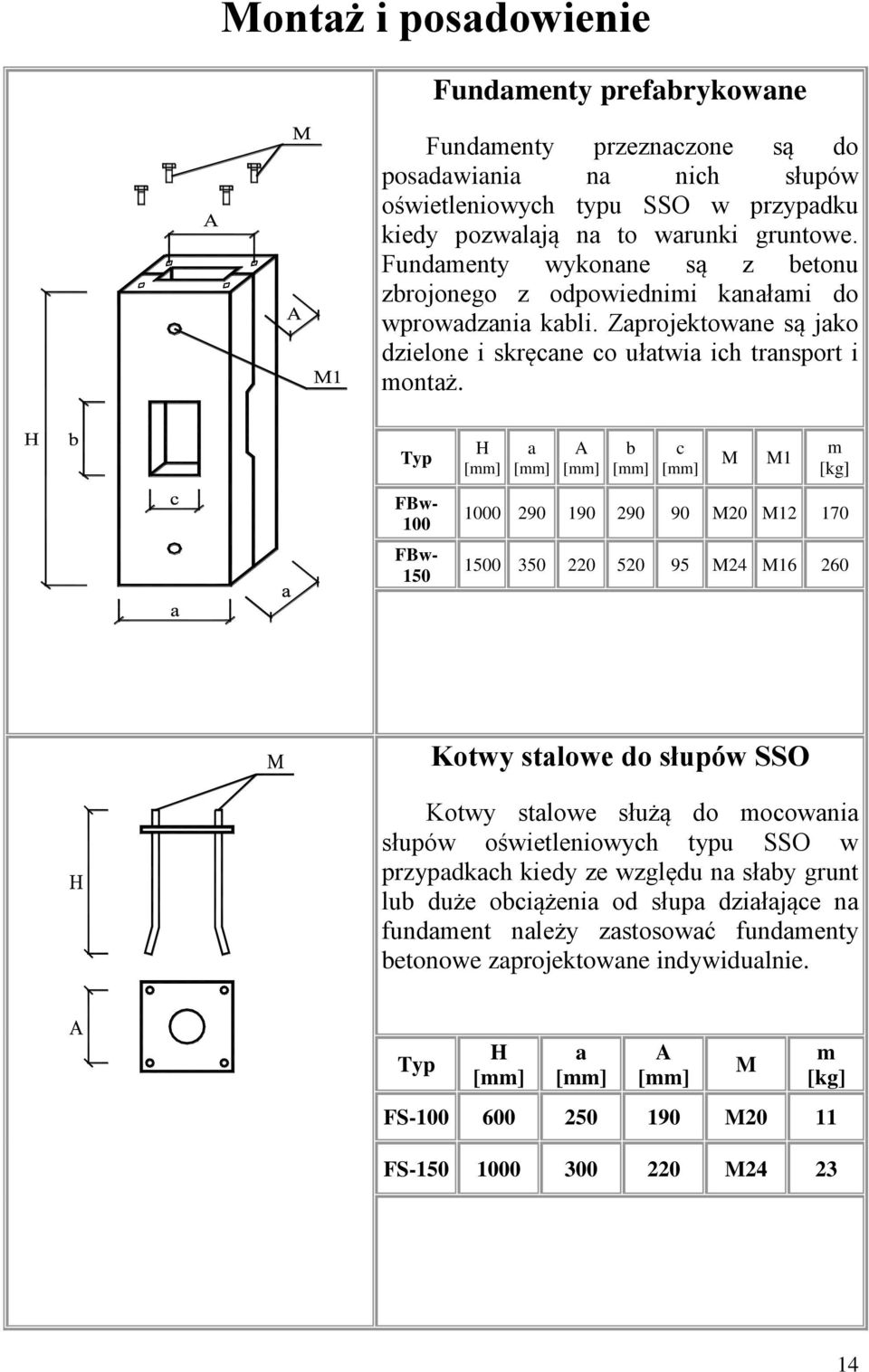 Typ FBw- 100 FBw- 150 H a A b c M M1 m [kg] 1000 290 190 290 90 M20 M12 170 1500 350 220 520 95 M24 M16 260 Kotwy stalowe do słupów SSO Kotwy stalowe służą do mocowania słupów oświetleniowych typu