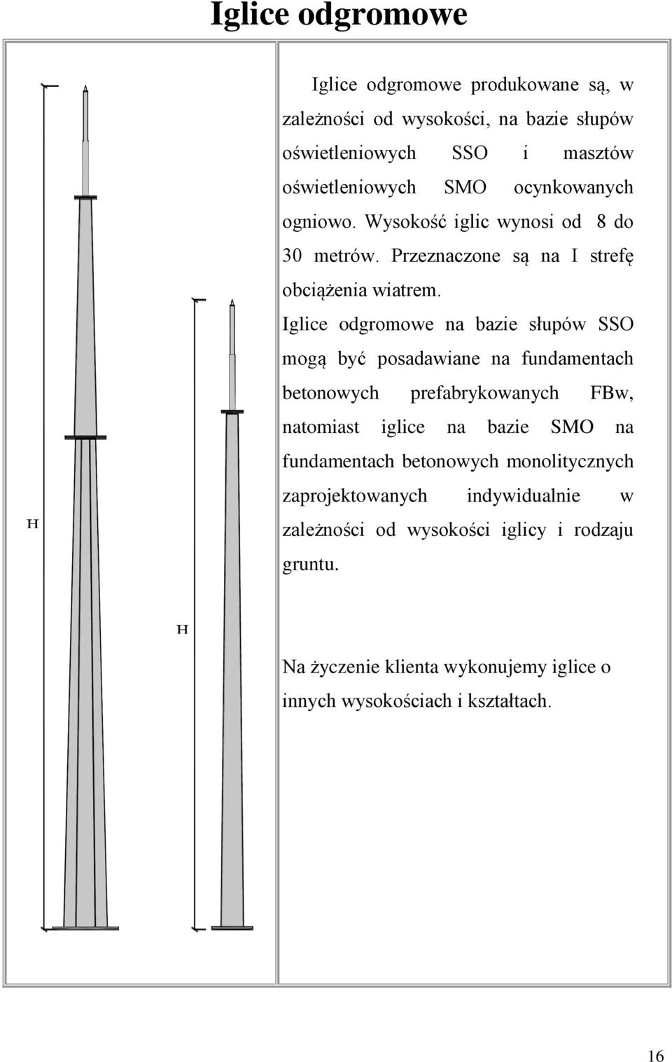 Iglice odgromowe na bazie słupów SSO mogą być posadawiane na fundamentach betonowych prefabrykowanych FBw, natomiast iglice na bazie SMO na