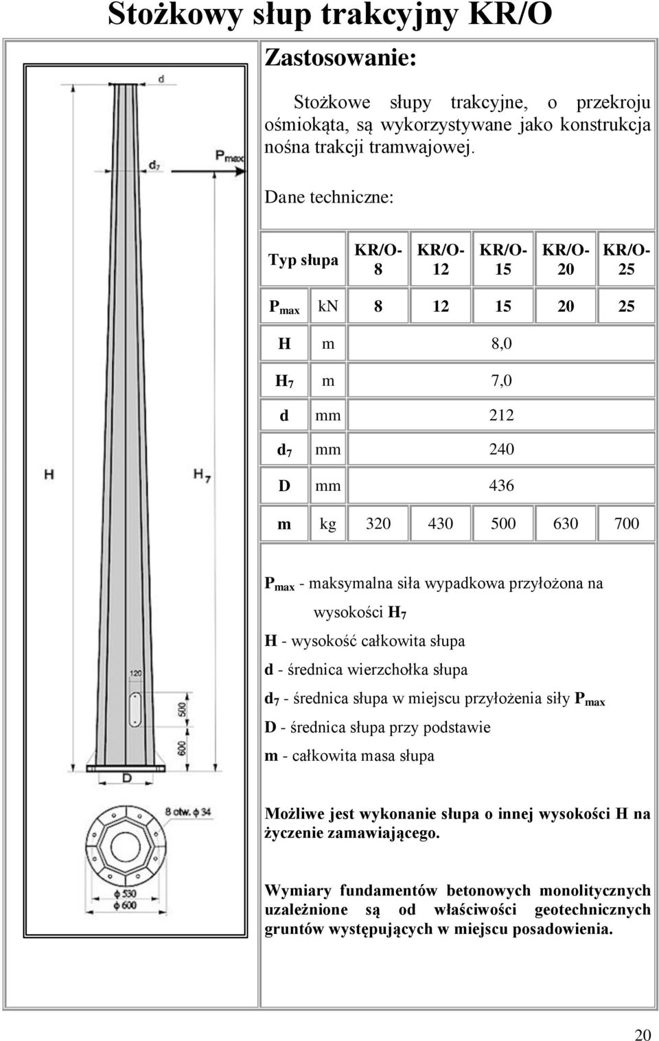 wypadkowa przyłożona na wysokości H 7 H - wysokość całkowita słupa d - średnica wierzchołka słupa d 7 - średnica słupa w miejscu przyłożenia siły P max D - średnica słupa przy podstawie m -