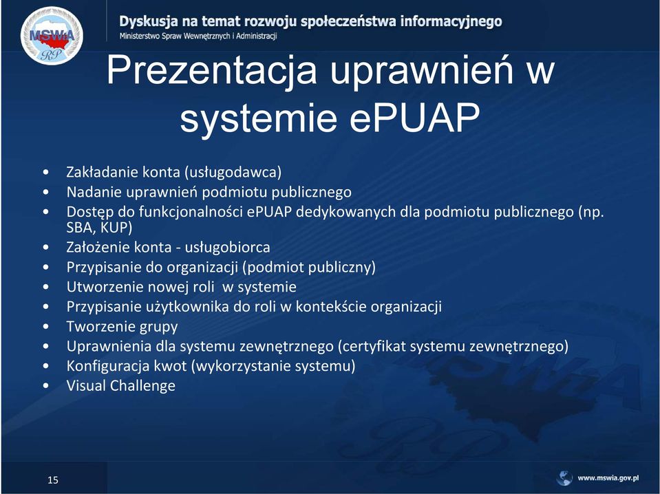 SBA, KUP) Założenie konta usługobiorca Przypisanie do organizacji (podmiot publiczny) Utworzenie nowej roli w systemie