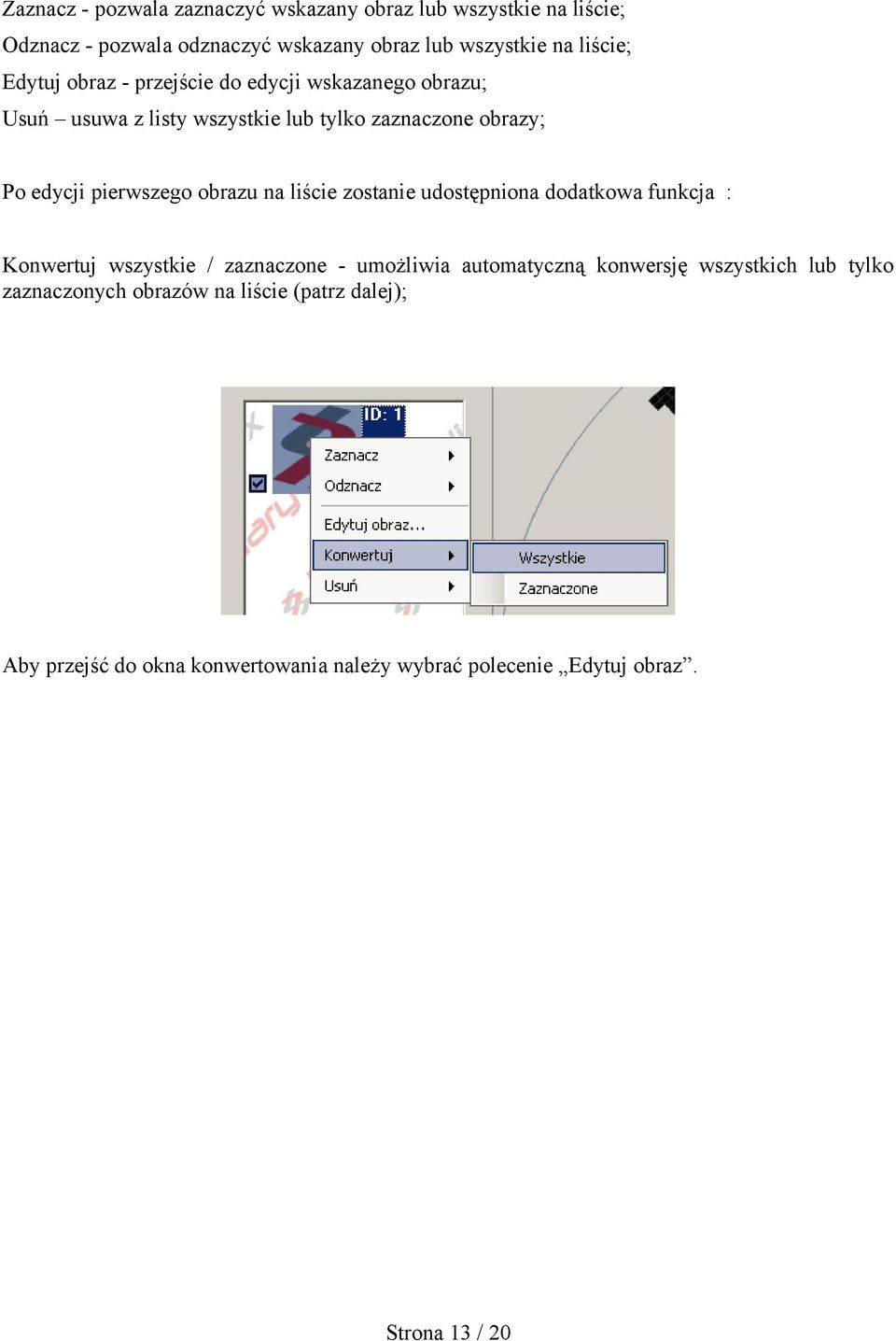 obrazu na liście zostanie udostępniona dodatkowa funkcja : Konwertuj wszystkie / zaznaczone - umożliwia automatyczną konwersję wszystkich