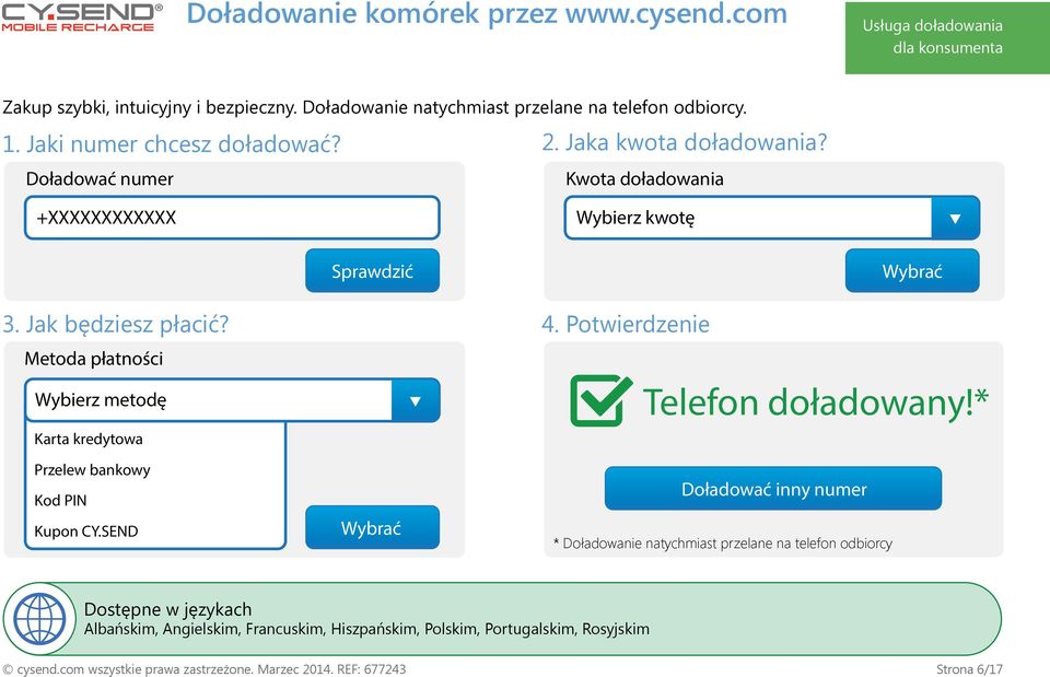 Potwierdzenie Metoda płatności Wybierz metodę Karta kredytowa Telefon doładowany!* Przelew bankowy Kod PIN Kupon CY.